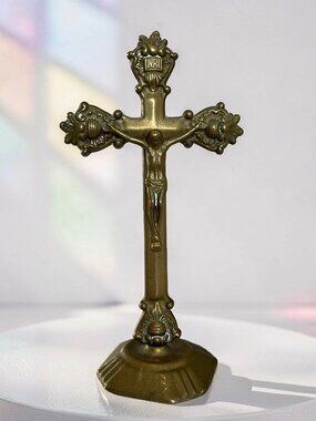 Vintage Brass Catholic Crucifix Altar Cross Standing 8” INRI Jesus Christ